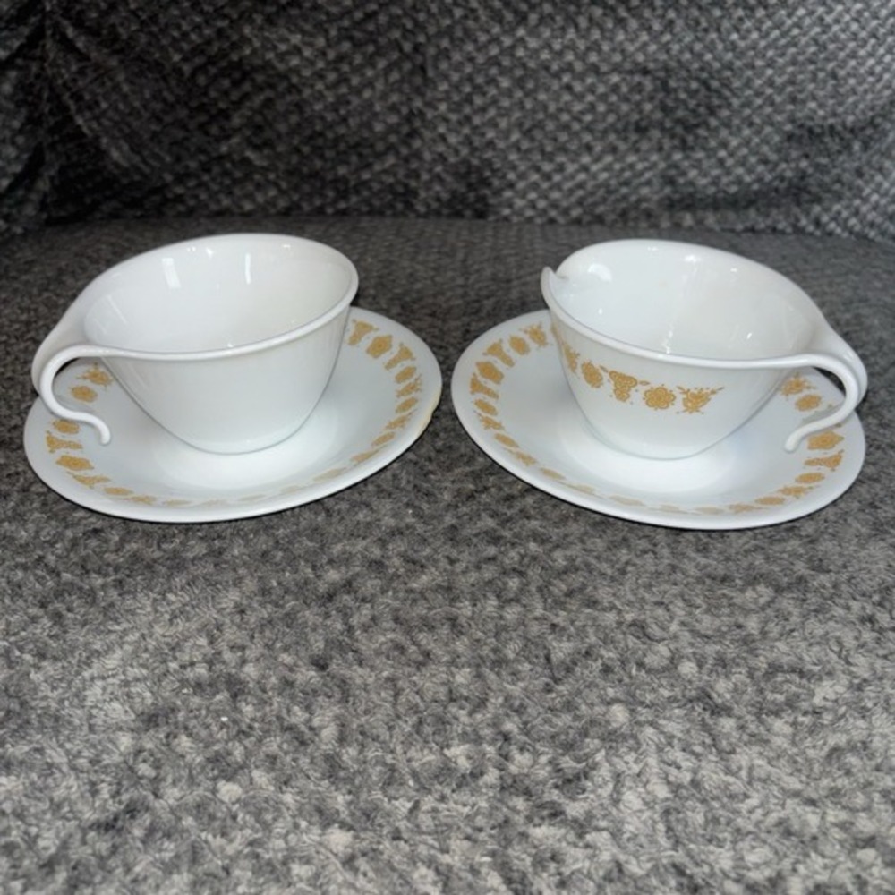Set of 4 ~ Corelle ~ Butterfly Gold ~ Hook‎ Handle Coffee Cups and Saucers